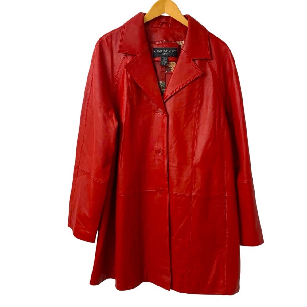 Women's Red Leather Notched Collar Jacket Size: XL